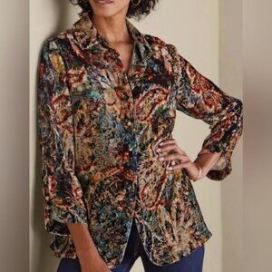 Soft Surroundings Icon Silk Velvet Poets Tunic Shirt Women Small Black Floral